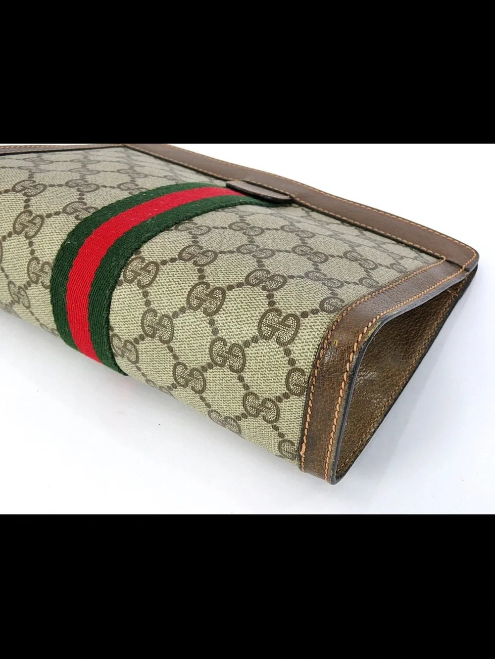 Gucci Beige GG Canvas Clutch with Green & Red Web Stripe